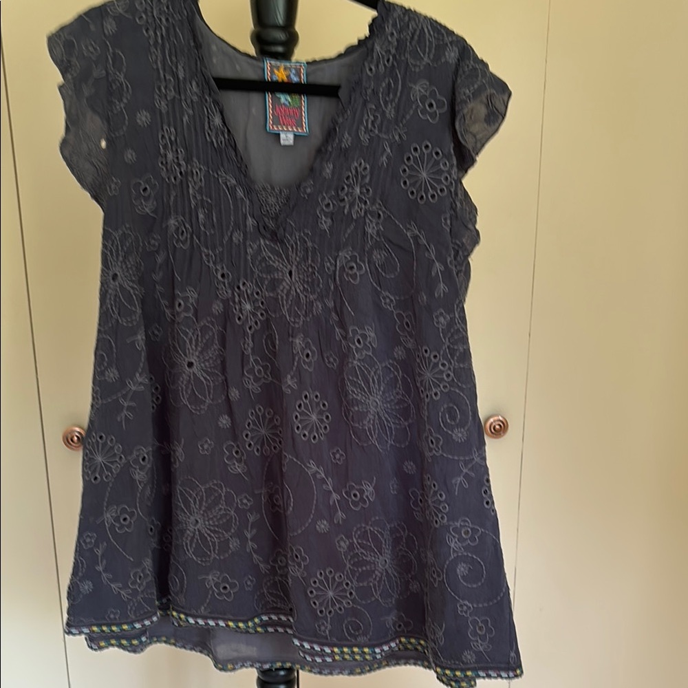Johnny Was Charcoal Blouse with Floral Embroidery